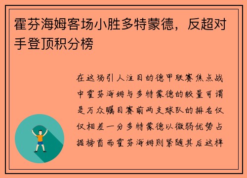霍芬海姆客场小胜多特蒙德，反超对手登顶积分榜