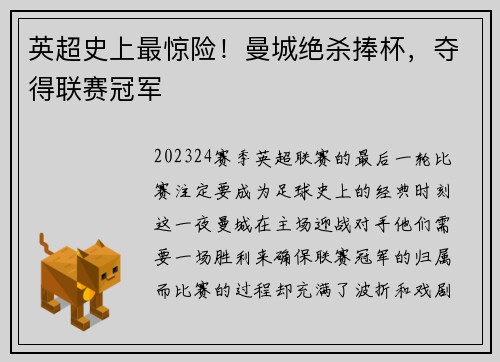 英超史上最惊险！曼城绝杀捧杯，夺得联赛冠军