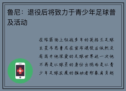鲁尼：退役后将致力于青少年足球普及活动
