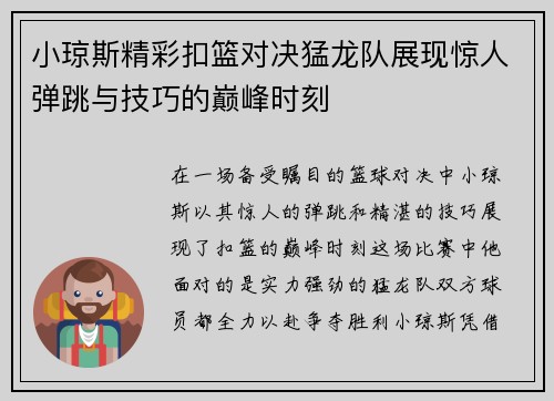 小琼斯精彩扣篮对决猛龙队展现惊人弹跳与技巧的巅峰时刻